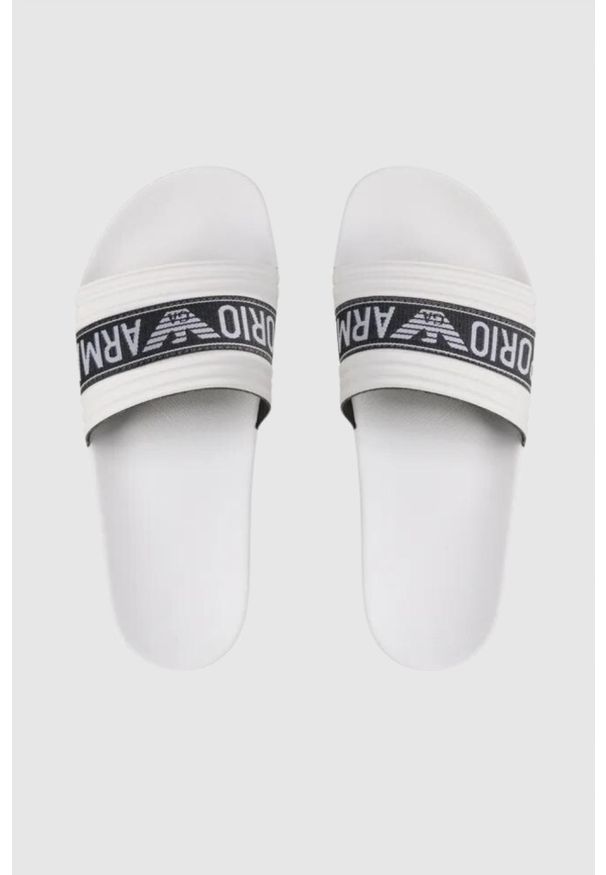Emporio Armani - EMPORIO ARMANI Białe klapki damskie, Rozmiar 40. Kolor: biały. Materiał: materiał. Wzór: haft