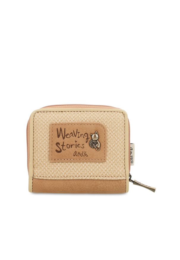 Beżowy Mały Portfel Damski Anekke Seria Memories. Kolor: beżowy. Materiał: materiał. Wzór: aplikacja, haft