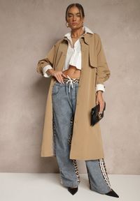 Renee - Beżowy Płaszcz w Stylu Trencza Vintage z Asymetryczną Zakładką i Paskiem Davivellea. Okazja: na co dzień, na spotkanie biznesowe, na spacer. Kolor: beżowy, brązowy. Materiał: jeans. Styl: vintage
