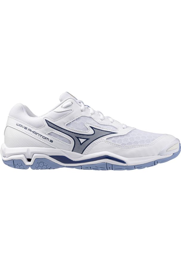 Buty halowe Mizuno Wave Phantom. Zapięcie: sznurówki. Kolor: biały, niebieski, wielokolorowy. Materiał: tkanina, materiał, syntetyk. Szerokość cholewki: normalna. Model: Mizuno Wave. Sport: piłka ręczna