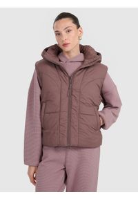 4f - 4F Bezrękawnik puchowy z wypełnieniem syntetycznym damski - brązowy XS. Okazja: na co dzień. Typ kołnierza: kołnierzyk stójkowy. Kolor: brązowy. Materiał: syntetyk, puch. Długość rękawa: bez rękawów. Styl: casual #1