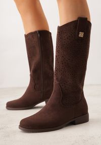 Born2be - Brązowe Botki Ażurowe Ozdobione Metaliczną Aplikacją Iomosa. Okazja: na co dzień, do pracy. Kolor: brązowy. Materiał: prążkowany, skóra. Wzór: ażurowy, aplikacja. Styl: casual, elegancki #1