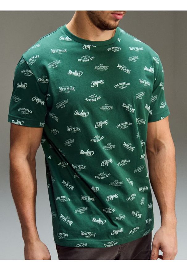 Sinsay - Bawełniana wzorzysta koszulka - zielony. Kolor: zielony. Materiał: bawełna