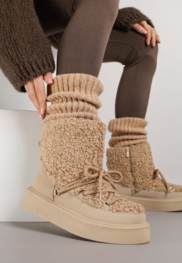 Born2be - Ciemnobeżowe Śniegowce Ozdobione Futerkiem w Stylu Baranka Allero. Okazja: na co dzień. Kolor: beżowy. Materiał: futro. Wzór: aplikacja. Styl: casual, klasyczny