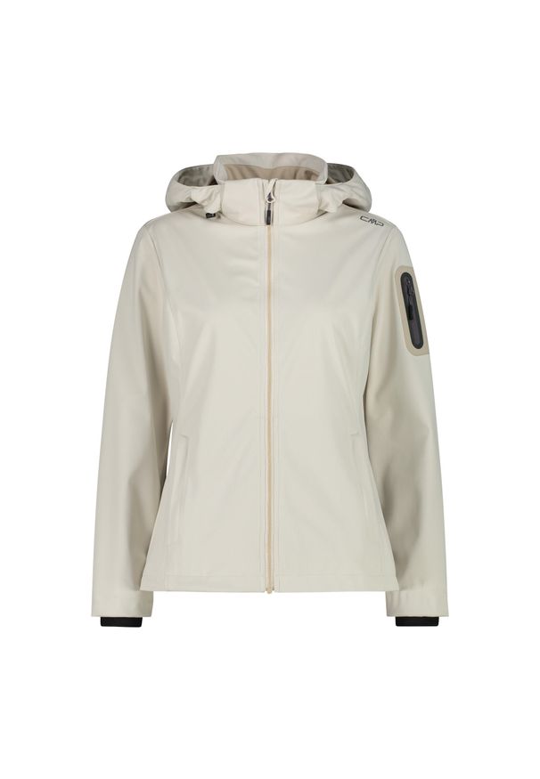 Damska kurtka turystyczna z kapturem CMP. Typ kołnierza: kaptur. Kolor: beżowy. Materiał: softshell. Sport: turystyka piesza