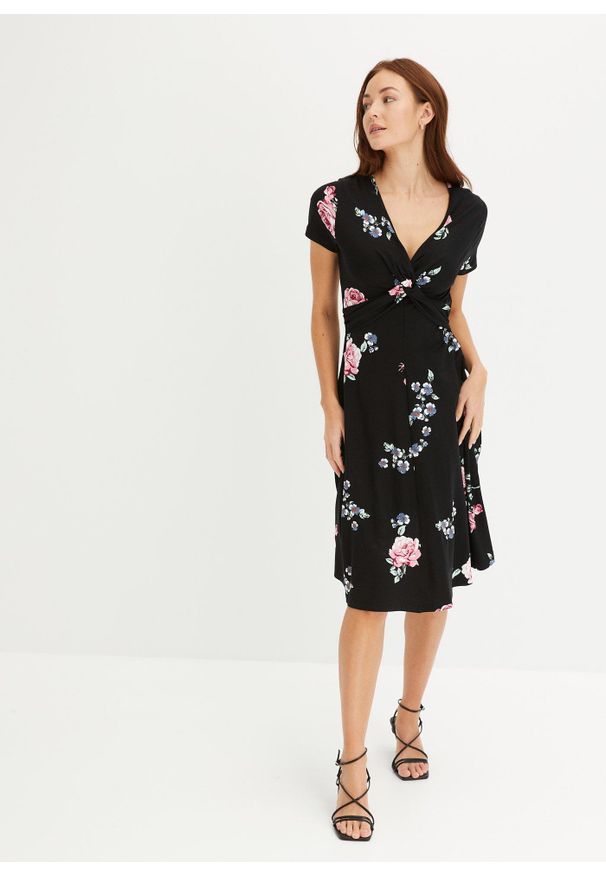 bonprix - Sukienka z dżerseju z mieszanki wiskozy. Typ kołnierza: dekolt w serek. Kolor: czarny. Materiał: jersey, wiskoza