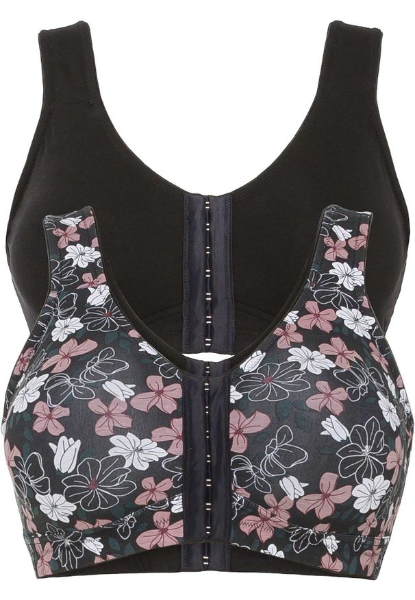 bonprix - Biustonosz z zapięciem z przodu, bez fiszbinów (2 szt.), z bawełny. Kolor: czarny. Materiał: bawełna