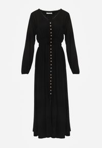 Renee - Czarna Sukienka z Lnem i Wiskozą o Rozkloszowanym Kroju z Ozdobnymi Guzikami Maitena. Okazja: na co dzień. Typ kołnierza: dekolt w kształcie V. Kolor: czarny. Materiał: wiskoza, len. Długość rękawa: długi rękaw. Typ sukienki: rozkloszowane. Styl: elegancki, casual #3