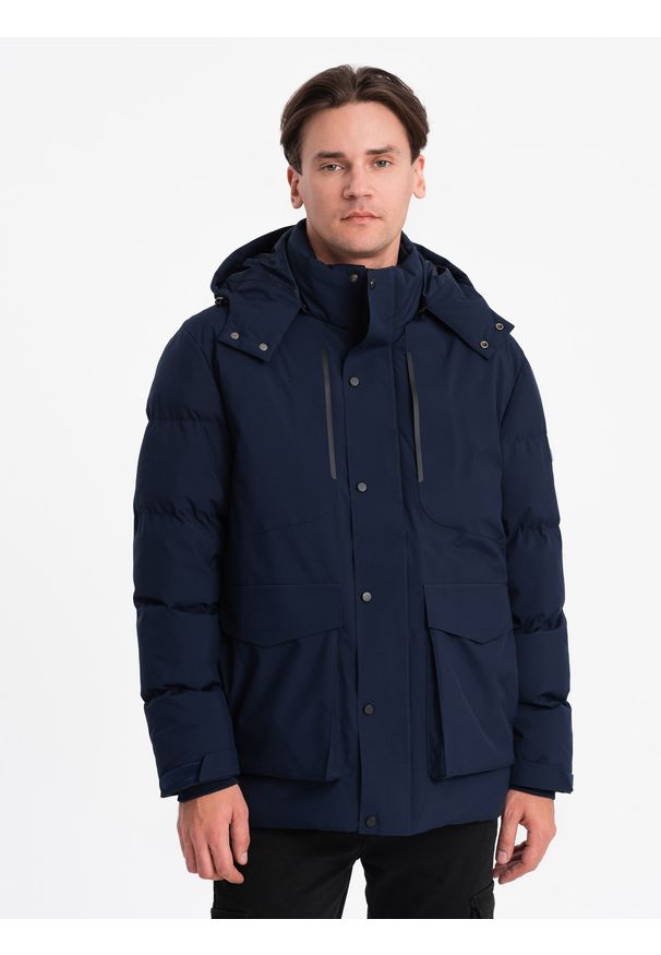 Ombre Clothing - Zimowa kurtka męska z odpinanym kapturem i kieszeniami cargo - granatowa V1 - Rozmiar: XXL. Kolor: niebieski. Materiał: poliester. Sezon: zima