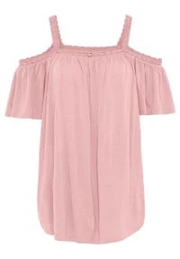 Shirt cold-shoulder z koronką bonprix jasnoróżowy cukierkowy. Kolor: różowy. Materiał: koronka. Wzór: koronka #1