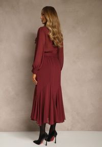 Renee - Bordowa Romantyczna Sukienka z Bufiastymi Rękawami i Falbanką z Koronki Sewmira. Kolor: czerwony. Materiał: koronka. Wzór: koronka. Styl: elegancki, rockowy #3