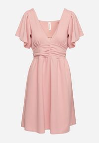 Born2be - Różowa Krótka Sukienka z Luźnym Rękawem i Gumką w Talii Bainasa. Kolor: różowy. Długość: mini #4