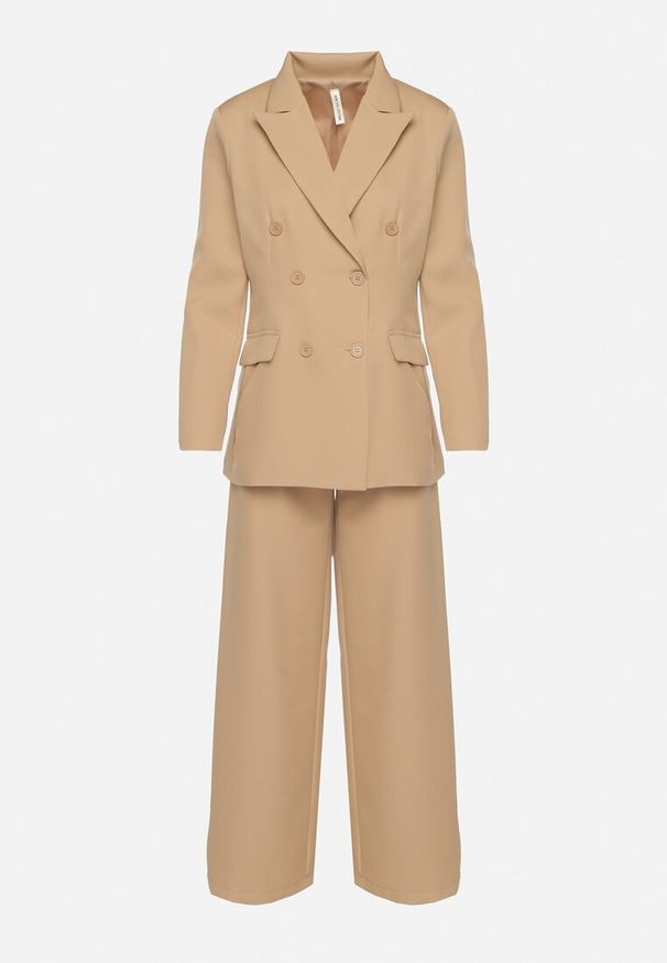 Born2be - Jasnobrązowy Garnitur Dwurzędowa Marynarka z Usztywnionymi Ramionami i Spodnie Sonavitia. Kolor: beżowy