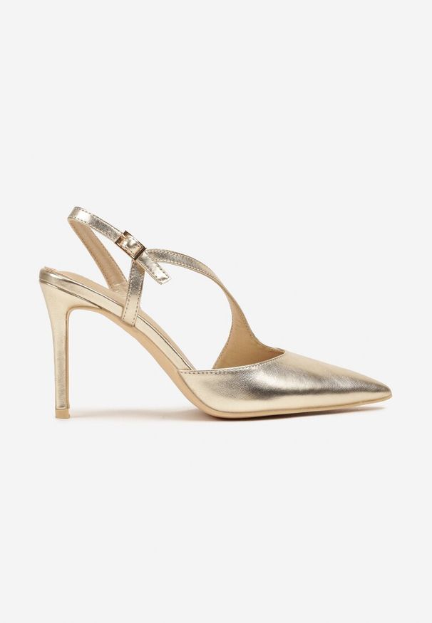 Born2be - Złote Sandały Vices na Szpilce z Noskiem w Szpic i Skośnym Paskiem Nirare. Okazja: na co dzień. Zapięcie: pasek. Kolor: złoty. Materiał: koronka, jeans. Obcas: na szpilce. Styl: casual, elegancki, wizytowy. Wysokość obcasa: średni