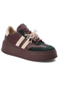 CheBello - Bordowe Sneakersy Chebello Stylowe Obuwie Damskie. Zapięcie: sznurówki. Kolor: czerwony. Materiał: jeans, zamsz, skóra. Obcas: na platformie. Styl: elegancki