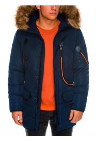 Ombre Clothing - Kurtka męska zimowa parka C369 - granatowa - XL. Kolor: niebieski. Materiał: poliester, futro. Sezon: zima #8