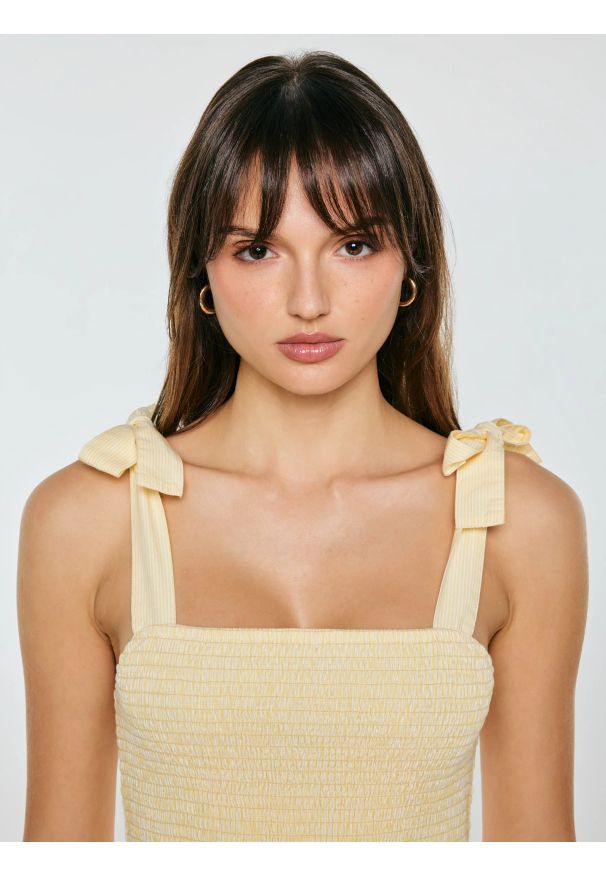 Big-Star - Sukienka damska midi na ramiączkach w drobne paseczki jasnożółta Gopisi 200. Kolor: żółty. Materiał: bawełna, tkanina. Długość rękawa: na ramiączkach. Długość: midi