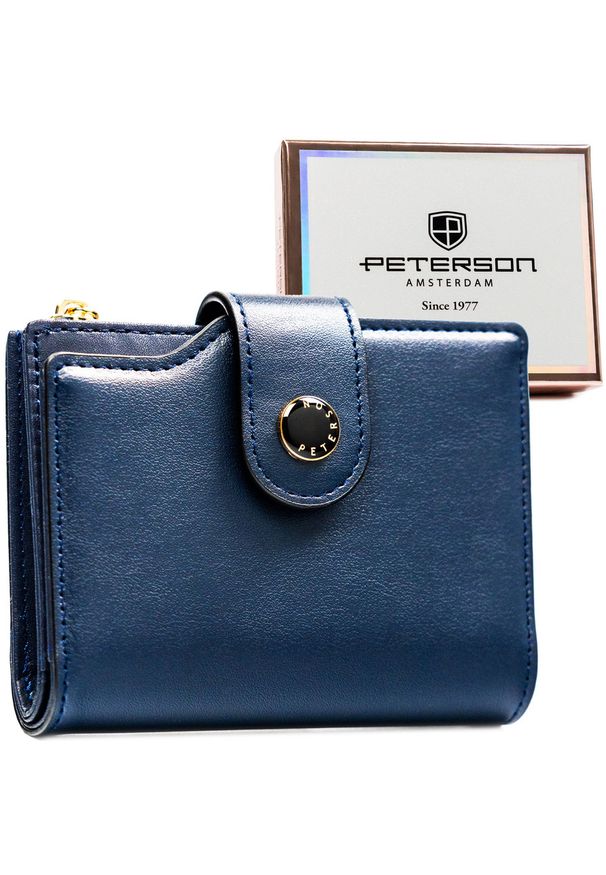 Granatowy portfel damski ze skóry ekologicznej z systemem RFID PTN 012-JK6 Peterson. Kolor: niebieski. Materiał: skóra ekologiczna