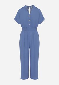 Born2be - Granatowy Kombinezon z Wiskozy z Gumką w Talii i Dekoltem w Serek z Guzikami Nisella. Okazja: na co dzień. Kolor: niebieski. Materiał: wiskoza. Długość rękawa: krótki rękaw. Długość: krótkie. Styl: casual, elegancki #3