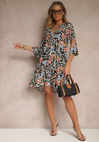 Renee - Czarno-Beżowa Sukienka z Wiskozy o Rozkloszowanym Kroju w Abstrakcyjny Wzór Lirese. Okazja: na co dzień. Kolor: czarny. Materiał: wiskoza. Styl: elegancki, casual #5