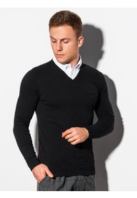 Ombre Clothing - Sweter męski E120 - czarny - XL. Typ kołnierza: dekolt w serek, kołnierzyk koszulowy. Kolor: czarny. Materiał: materiał, bawełna, nylon. Styl: klasyczny #3