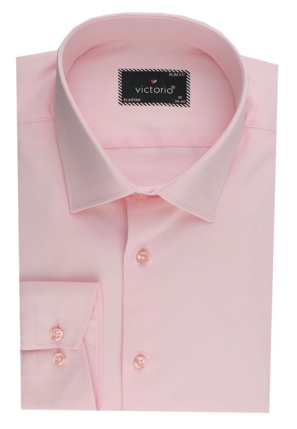Elegancka, Męska Koszula, Taliowany Krój - Victorio - Blady Róz. Kolor: różowy. Materiał: poliester, bawełna, elastan. Styl: elegancki