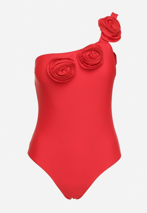Renee - Czerwony Strój Kąpielowy Jednoczęściowy o Asymetrycznym Kroju z Kwiatową Aplikacją Irisabel. Kolor: czerwony. Wzór: aplikacja, kwiaty