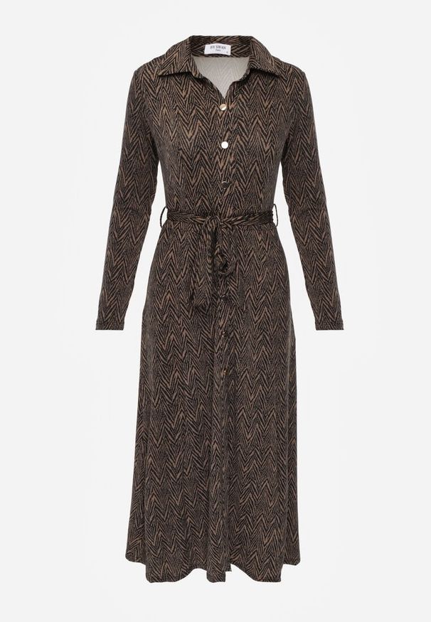 Renee - Brązowa Koszulowa Sukienka Midi z Wiązanym Paskiem Xudilla. Kolor: brązowy. Materiał: materiał. Typ sukienki: koszulowe. Długość: midi