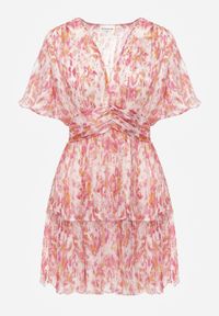 Renee - Różowa Krótka Sukienka o Rozkloszowanym Fasonie z Falbanką i Marszczeniami Ellajo. Okazja: na co dzień. Typ kołnierza: dekolt w kształcie V. Kolor: różowy. Typ sukienki: proste. Styl: casual, wizytowy. Długość: mini #8