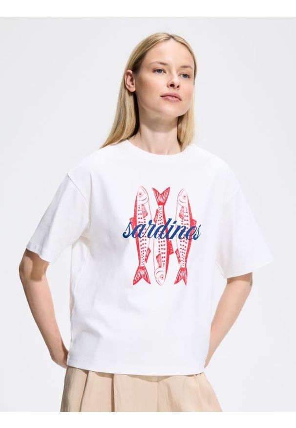 Reserved - T-shirt z nadrukiem - złamana biel. Materiał: bawełna. Wzór: nadruk