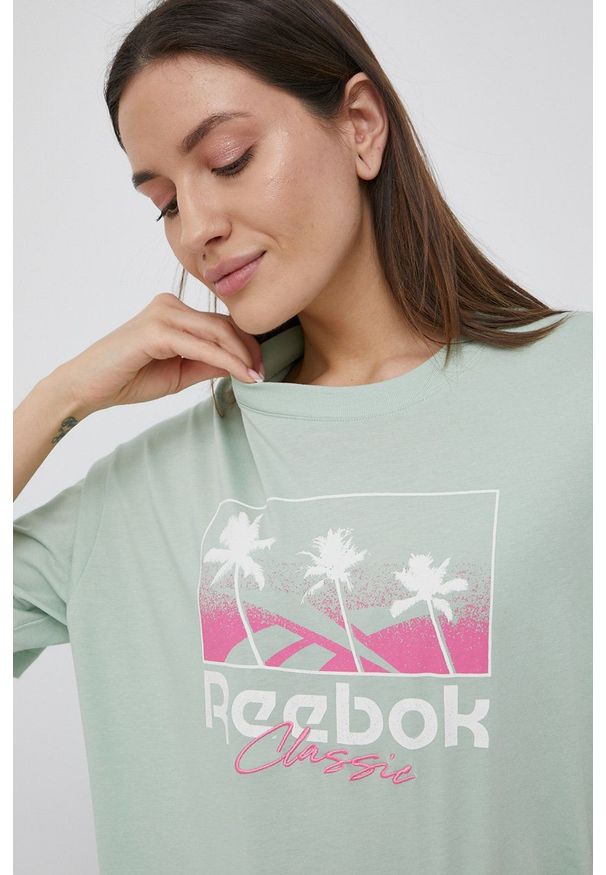 Reebok Classic t-shirt bawełniany kolor zielony. Kolor: zielony. Materiał: bawełna. Wzór: aplikacja, nadruk