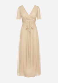 Born2be - Beżowa Kopertowa Rozkloszowana Sukienka z Wiązaniem w Talii Kolea. Okazja: na ślub cywilny, na studniówkę, na wesele, na imprezę. Typ kołnierza: dekolt w kształcie V. Kolor: beżowy. Długość rękawa: krótki rękaw. Typ sukienki: kopertowe. Styl: elegancki, klasyczny #7