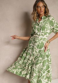 Renee - Zielona Rozkloszowana Sukienka z Wiskozy Ozdobiona Falbaną Filesenia. Kolor: zielony. Materiał: wiskoza. Wzór: aplikacja. Styl: elegancki