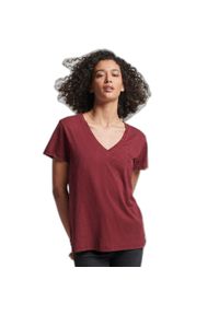 Damska koszulka z haftem i płomieniem v-neck Superdry. Typ kołnierza: dekolt w serek. Kolor: czerwony. Wzór: haft #1