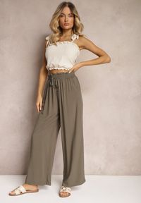 Renee - Ciemnozielone Spodnie z Bawełny High Waist z Szerokimi Nogawkami i Gumką w Pasie Clisea. Stan: podwyższony. Kolor: zielony. Materiał: bawełna. Sezon: lato