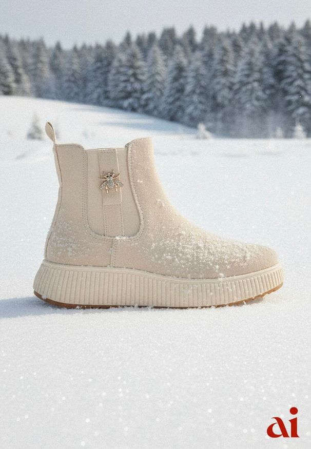 Renee - Beżowe Botki Typu Sztyblety na Tłoczonej Platformie Zdobione Metalową Aplikacją Allecia. Okazja: na co dzień. Kolor: beżowy. Materiał: jeans. Wzór: aplikacja. Obcas: na platformie. Styl: casual, elegancki