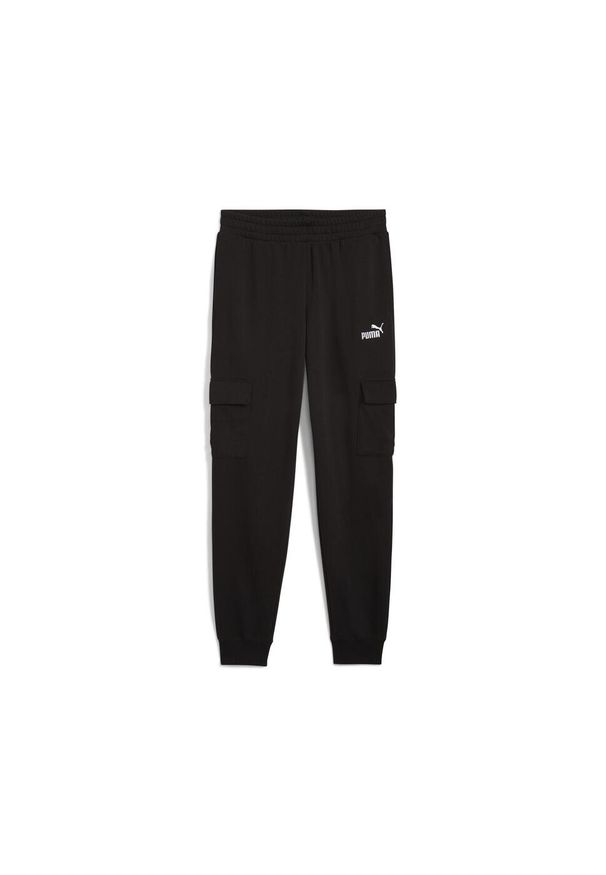Puma - Męskie bojówki z Essentials z logo No. 1 PUMA Black. Kolor: czarny. Materiał: dresówka. Wzór: haft