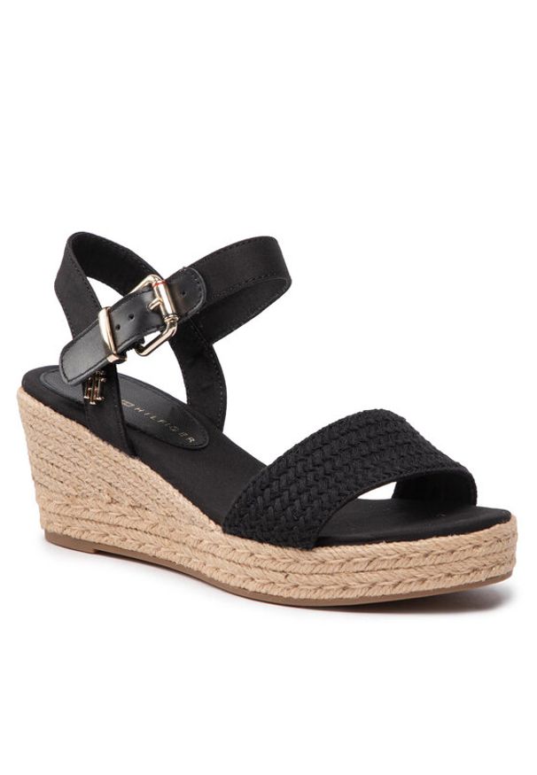 TOMMY HILFIGER - Tommy Hilfiger Espadryle Th Textured Low Wedge Sandal FW0FW06555 Czarny. Kolor: czarny. Materiał: materiał
