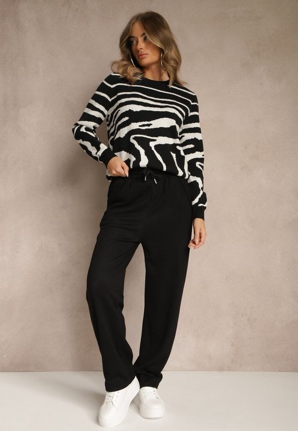 Renee - Czarne Spodnie High Waist z Gumką i Troczkami w Pasie Rallena. Okazja: na co dzień. Stan: podwyższony. Kolor: czarny. Styl: casual