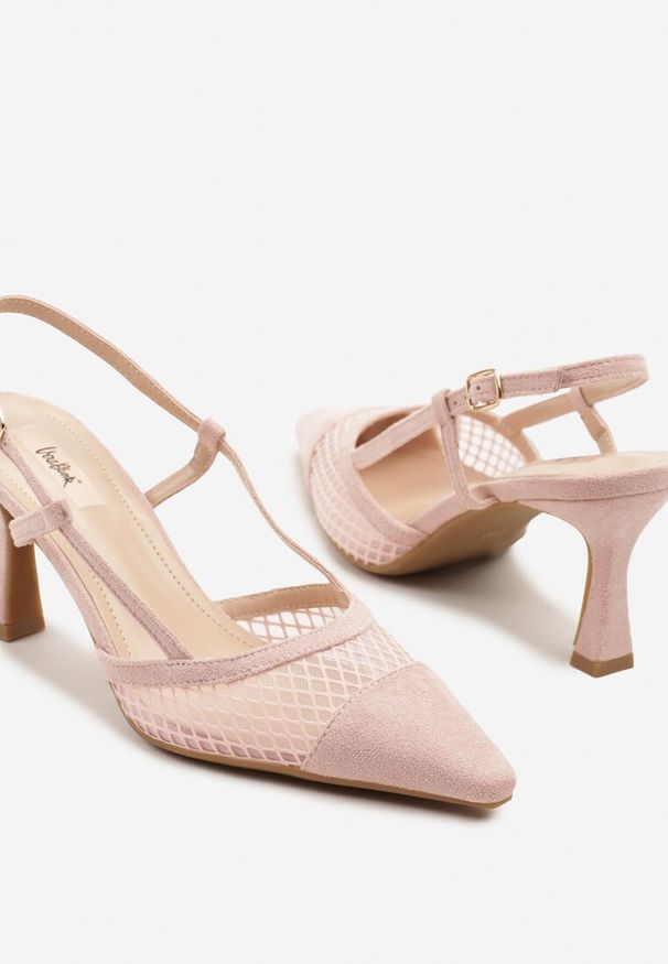 Renee - Różowe Sandały na Klepsydrze z Cholewką z Siateczki Nilavea. Okazja: na co dzień. Kolor: różowy. Obcas: na obcasie. Styl: elegancki, casual. Wysokość obcasa: średni
