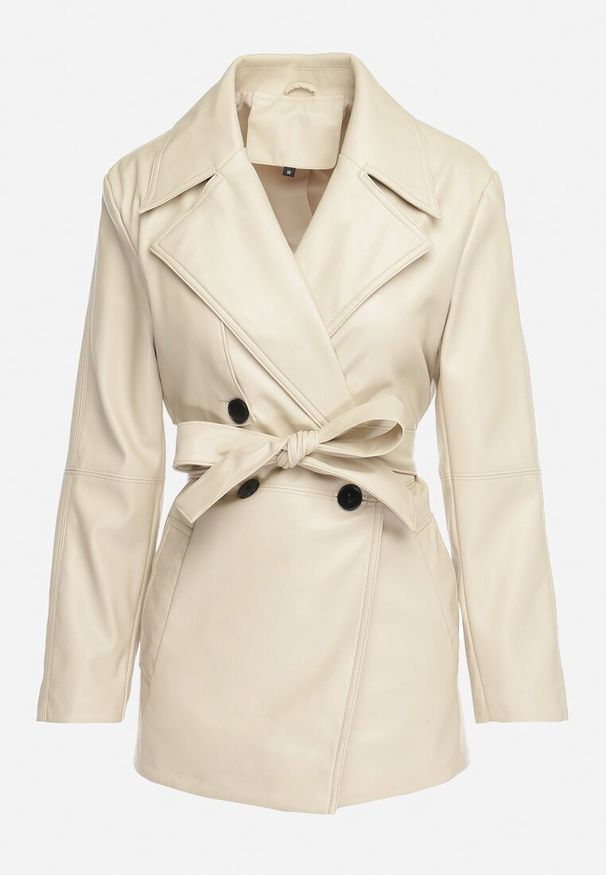 Born2be - Jasnobeżowa Kurtka Płaszcz z Ekoskóry Taliowana z Paskiem Pilvia. Kolor: beżowy