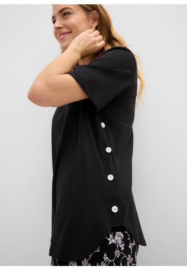 bonprix - Szeroki T-shirt z bawełny organicznej. Typ kołnierza: dekolt w serek. Kolor: czarny. Materiał: bawełna