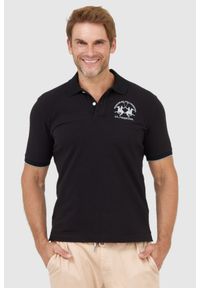 La Martina - LA MARTINA Czarna męska koszulka polo z wyszywanym logo, Rozmiar M. Typ kołnierza: polo. Kolor: czarny