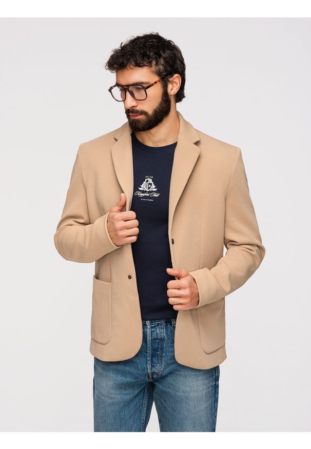 Ombre Clothing - Męska marynarka z podpinką z wysokim kołnierzem i kapturem – jasnobrązowa V1 - Rozmiar: L. Typ kołnierza: kaptur. Kolor: brązowy. Materiał: materiał, syntetyk, dzianina, elastan, poliester. Wzór: ze splotem, aplikacja. Styl: elegancki