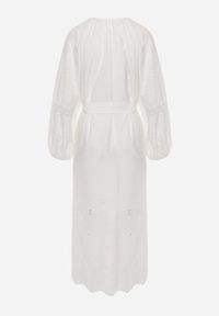 Renee - Biała Boho Sukienka z Bawełny z Haftem Wiązaniem i Ażurowymi Detalami Adrirena. Okazja: na co dzień. Kolor: biały. Materiał: bawełna. Długość rękawa: długi rękaw. Wzór: haft, ażurowy. Typ sukienki: proste. Styl: boho #3