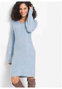 bonprix - Sukienka dzianinowa. Typ kołnierza: dekolt w serek. Kolor: niebieski. Materiał: dzianina #1