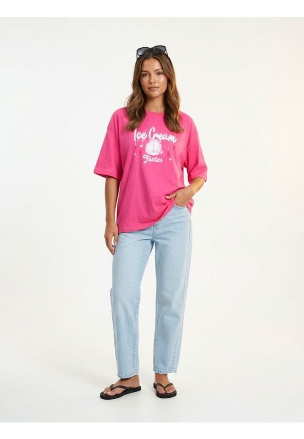 Sinsay - Bawełniana koszulka z nadrukiem Garfield - różowy. Kolor: różowy. Materiał: bawełna. Wzór: nadruk