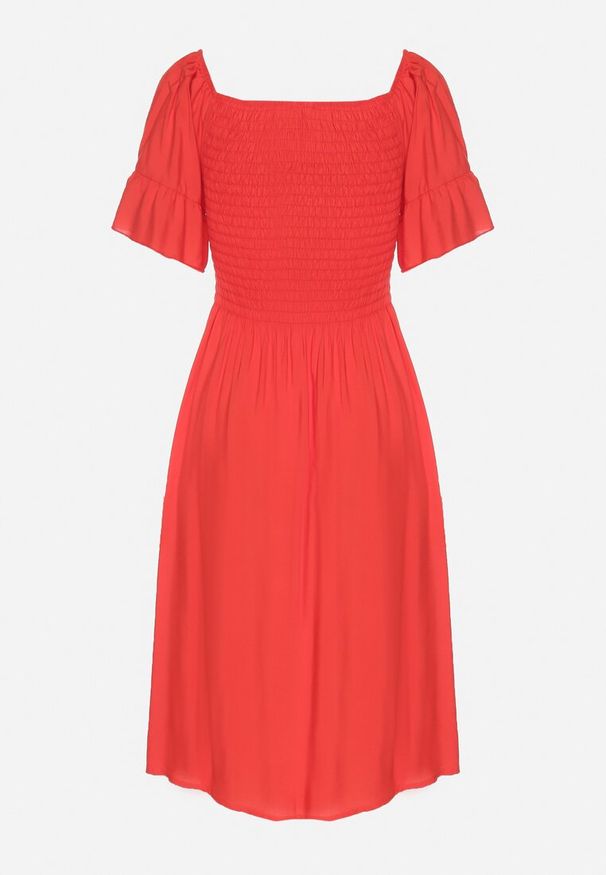 Born2be - Czerwona Rozkloszowana Sukienka Bawełniana z Bufiastymi Rękawami i Elastyczną Górą Veliova. Okazja: na co dzień. Kolor: czerwony. Materiał: bawełna. Styl: casual, elegancki