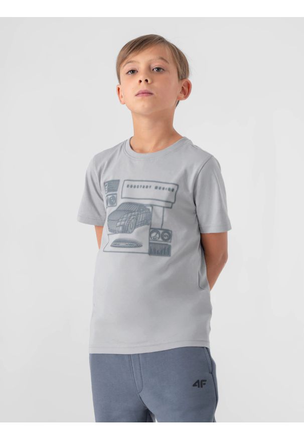 4f - T-shirt z nadrukiem chłopięcy. Kolor: szary. Materiał: dzianina, materiał, bawełna. Wzór: nadruk