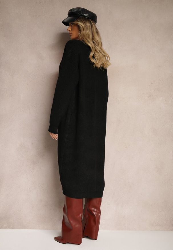 Renee - Czarny Nierozpinany Casualowy Kardigan o Długim Kroju Ozdobiony Ściągaczami Arfilia. Okazja: na co dzień. Kolor: czarny. Materiał: jeans. Długość: długie. Wzór: aplikacja. Styl: casual